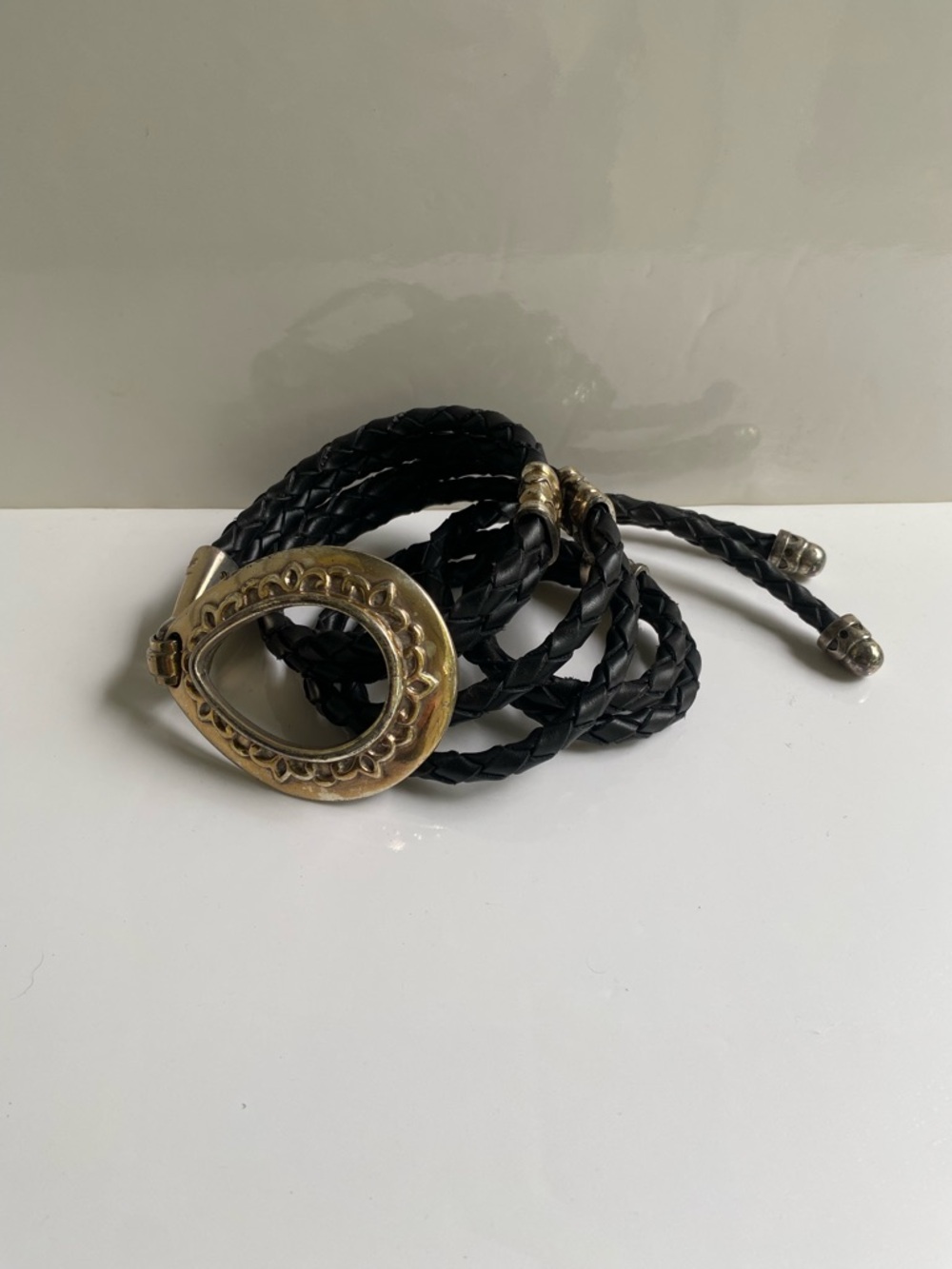 Vintage 90’s Black Braided Leather Belt with large silver Decorative Buckle